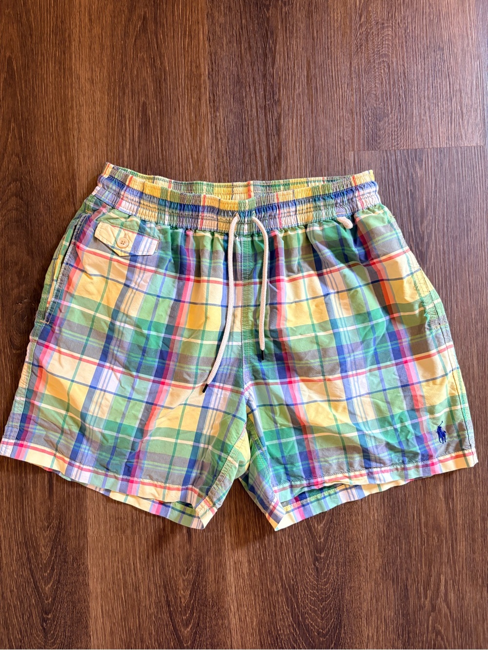 Polo Ralph Lauren Men’s Medium Swim Trunks Plaid Green Yellow Mesh Lining Pony